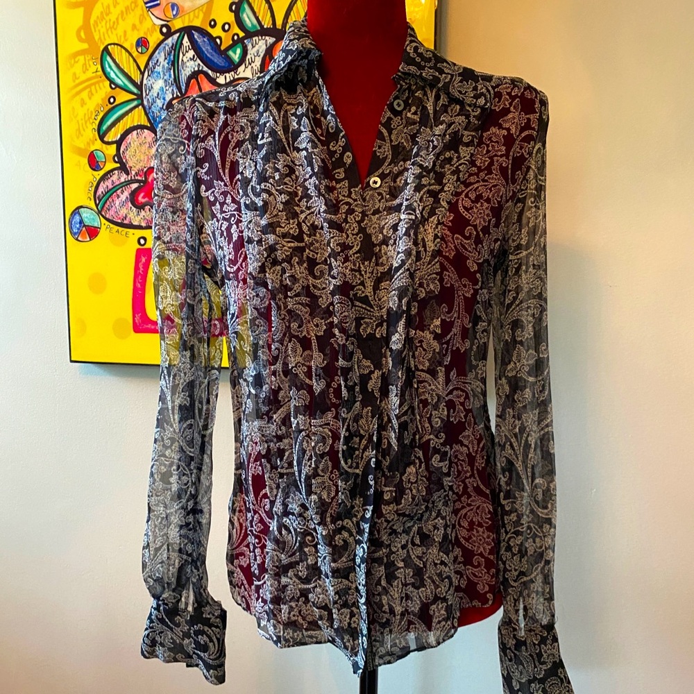 Badgley Mischka silk sheer floral blouse